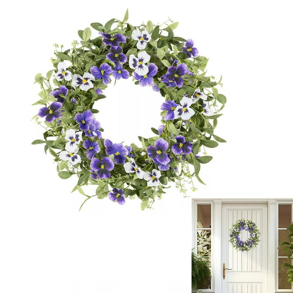 ZFSBZBS 18" Spring Pansy Flowers Wreaths for Front Door Summer Wreath Purple