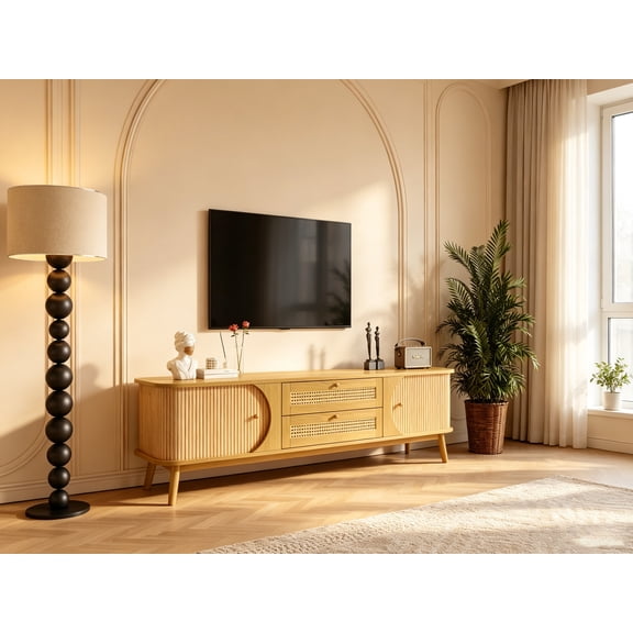 WRXELAN Modern Fluted TV Stand for 75" TVs, Mid-Century Entertainment Center | Tambour Door Media Console TV Cabinet with Rattan-Front Drawer for Living Room, Curved Profile Design