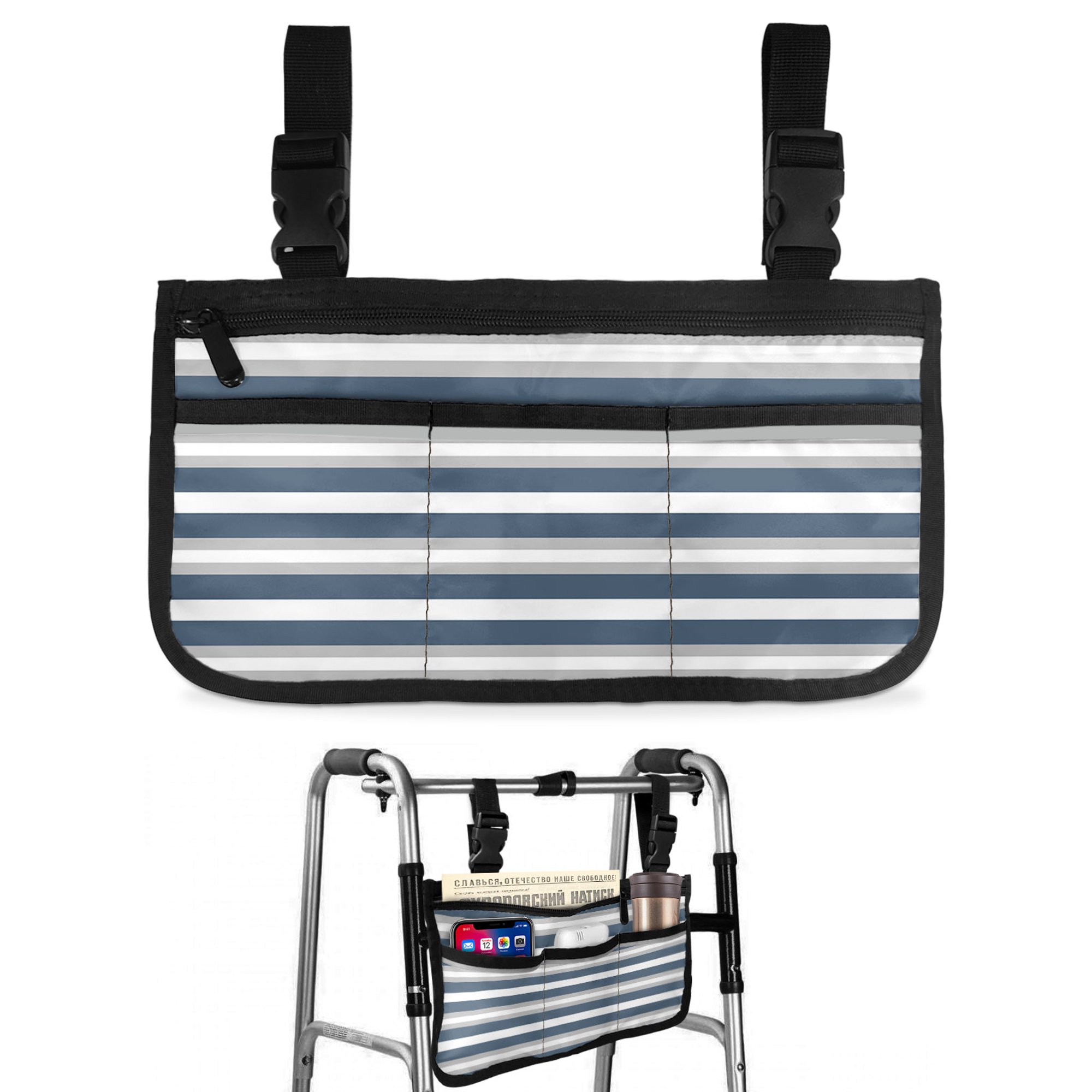 Blue Grey Stripe Wheelchair Side Bag Walk Bag Basket, Farmhouse Modern Art Striped Wheelchair Accessories Armrest Pouch, Organizer Storage Bags for Walkers, Rollators, Scooters, 7.3"x13"