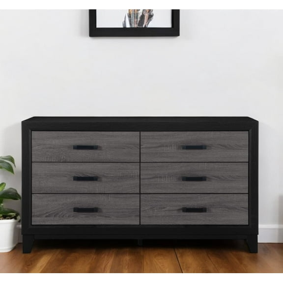 HomeRoots 564674 58 in. Black & Gray Wood Six Drawer Double Dresser