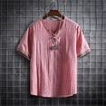 thumbnail image 3 of FRSASU Men's Boho Cotton Linen Shirt Short Sleeve Loose Ethnic Style Tee Casual Summer Beach Lightweight Vintage V-Neck T-shirts Pink, 3 of 6