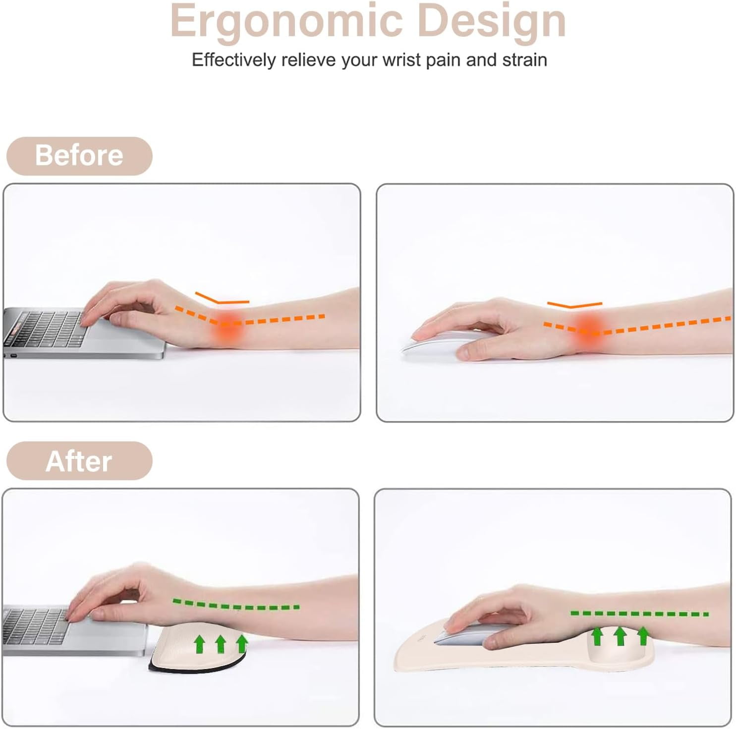 Wrist Rest Support for Mouse Pad & Keyboard Set, Ergonomic Mousepad Non-Slip Base Home/Office Pain Relief & Easy Typing Cushion with Neoprene Cloth & Raised Memory Foam, Apricot