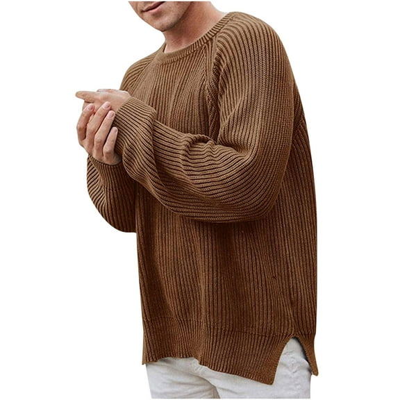 IROINNID Men's Sweater Round Neck Long Sleeve Jumper Mid-Length Solid Color Loose Pullover Autumn Winter Sweater Top Blouse