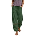 thumbnail image 3 of Zedker 100% Cotton Linen Capri Leggings for Women Elastic High Waisted Loose Lantern Tapered Harem Pants with Pockets Army Green L, 3 of 10
