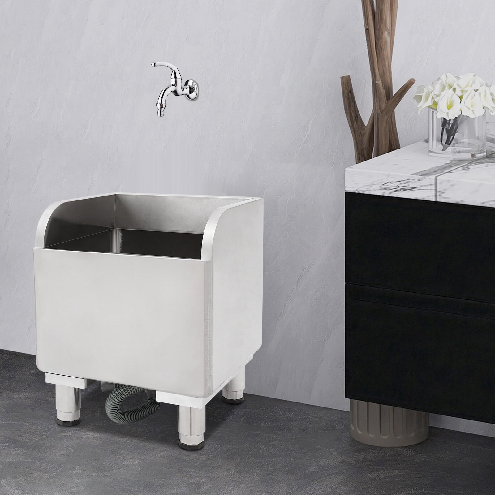 Stainless Steel Mop Sink, 45x41x50cm Utility Sink Laundry Tub with 10cm Legs, Freestanding Large Drain Basin for Cleaning