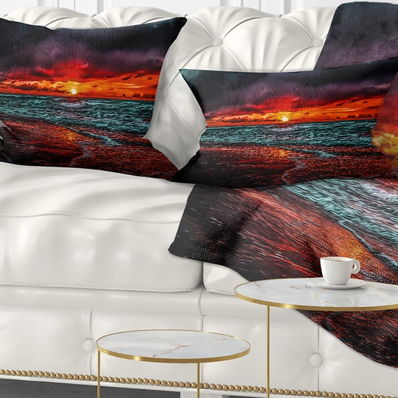 Designart Red Sunset over Blue Waters - Seascape Throw Pillow - 12x20