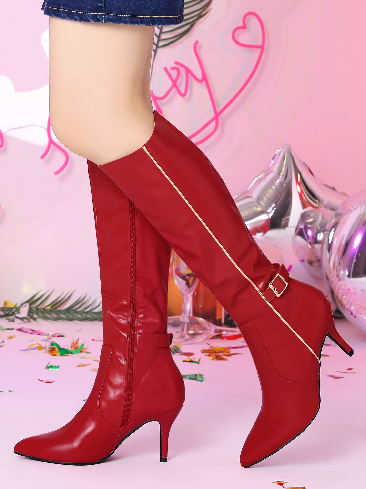 DARING DIVA Women's Pointy Toe Buckle Stiletto Heel Black Knee High Boots Red 9