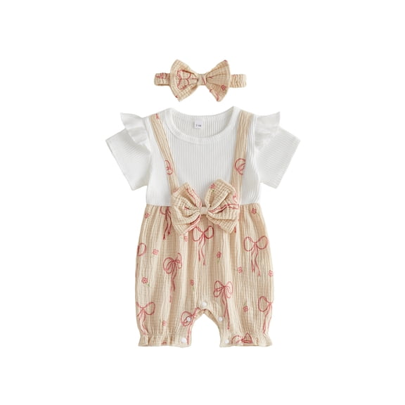BemeyourBBs Newborn Baby Girl Summer Clothes Cotton Outfits Faux Two-piece Romper Bow Print Ruffled Trim Short Sleeve Jumpsuit and Bow Headband 2 Pcs Set