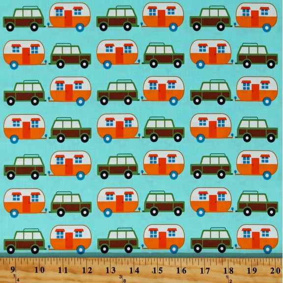 Cotton Travel Transportation Cars Campers RVs Trailers Teal Cotton Fabric Print by the Yard (AAK-19265-269PARK)