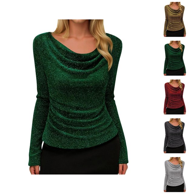 Womens Sparkle Top 2026 Spring Trendy Long Sleeve Cowl Neck Stretch T Shirts Going out Tops Rave Outfits