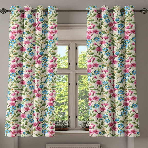 Ambesonne Floral Grommet Curtain, Blooming Flowers Bouquet, 50" x 54", Yellow Pink Blue