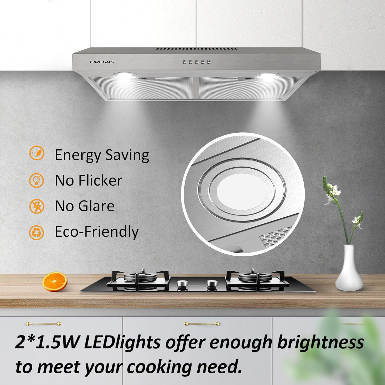 FIREGAS Under Cabinet Range Hood 30 inch with Brushless DC Motor, LED Light, 3 Speed Exhaust Fan, Reusable Aluminum Filters, Push Button,Stainless Steel Range Hood,with Charcoal Filter
