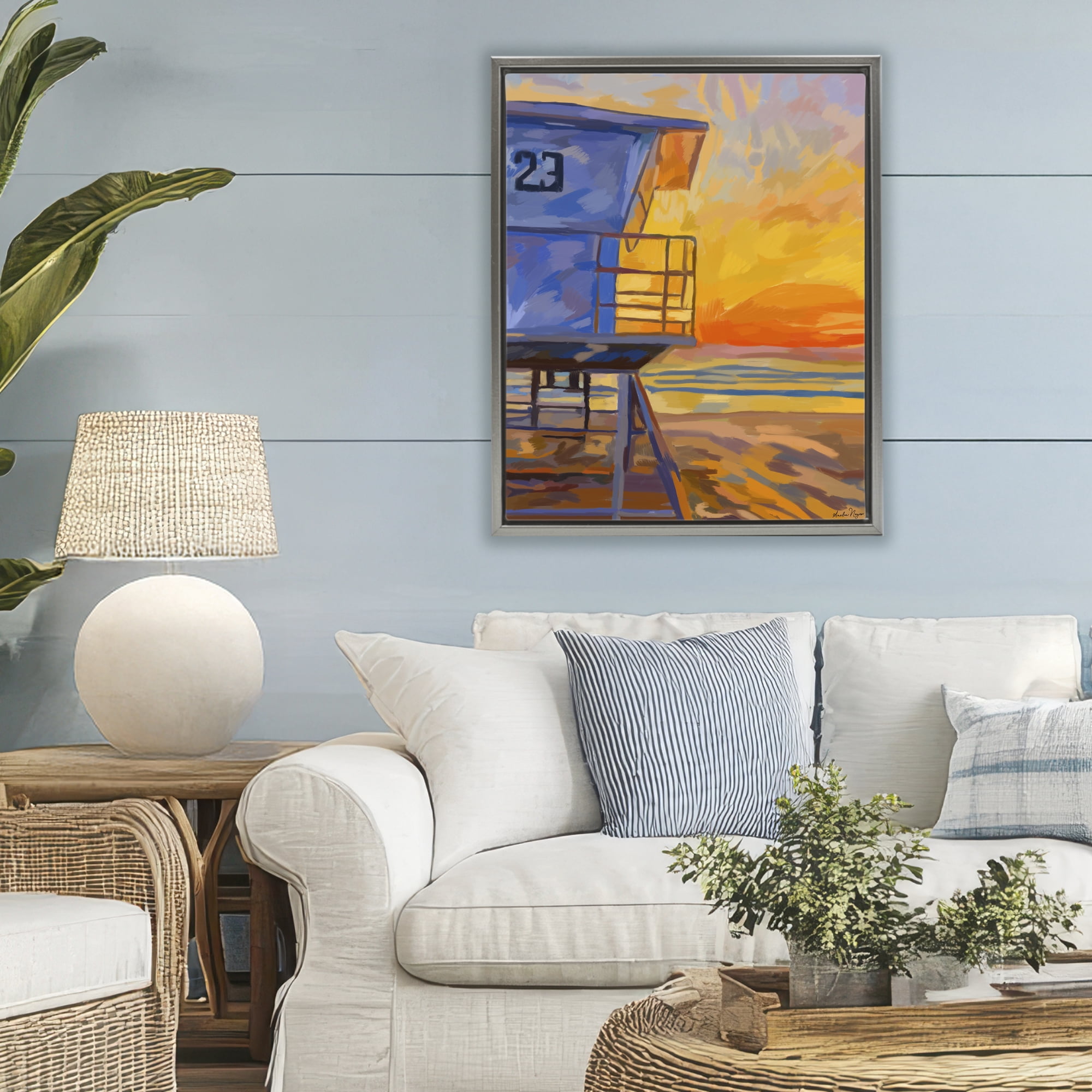 Stupell Industries Lifeguard Stand Sunset Gray Framed Floater Canvas Wall Art, design by Amelia Noyes
