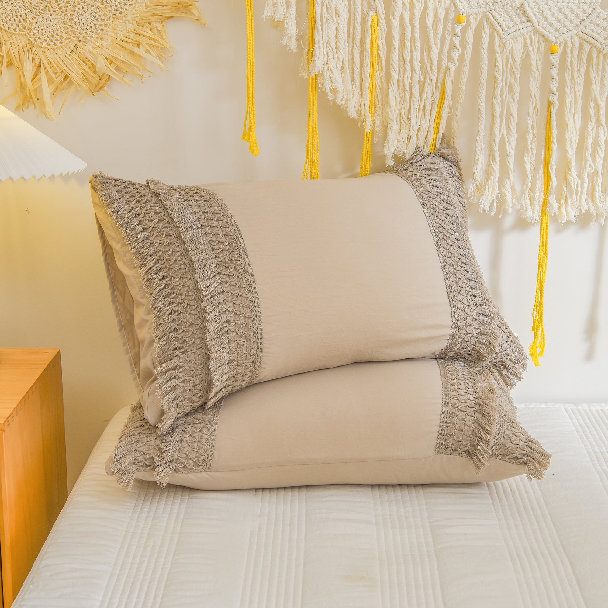 Move Over Taupe Macrame Tassel Bedding Sets Queen Boho Tassels Pattern Washed Microfiber Duvet Cover Set No Filling