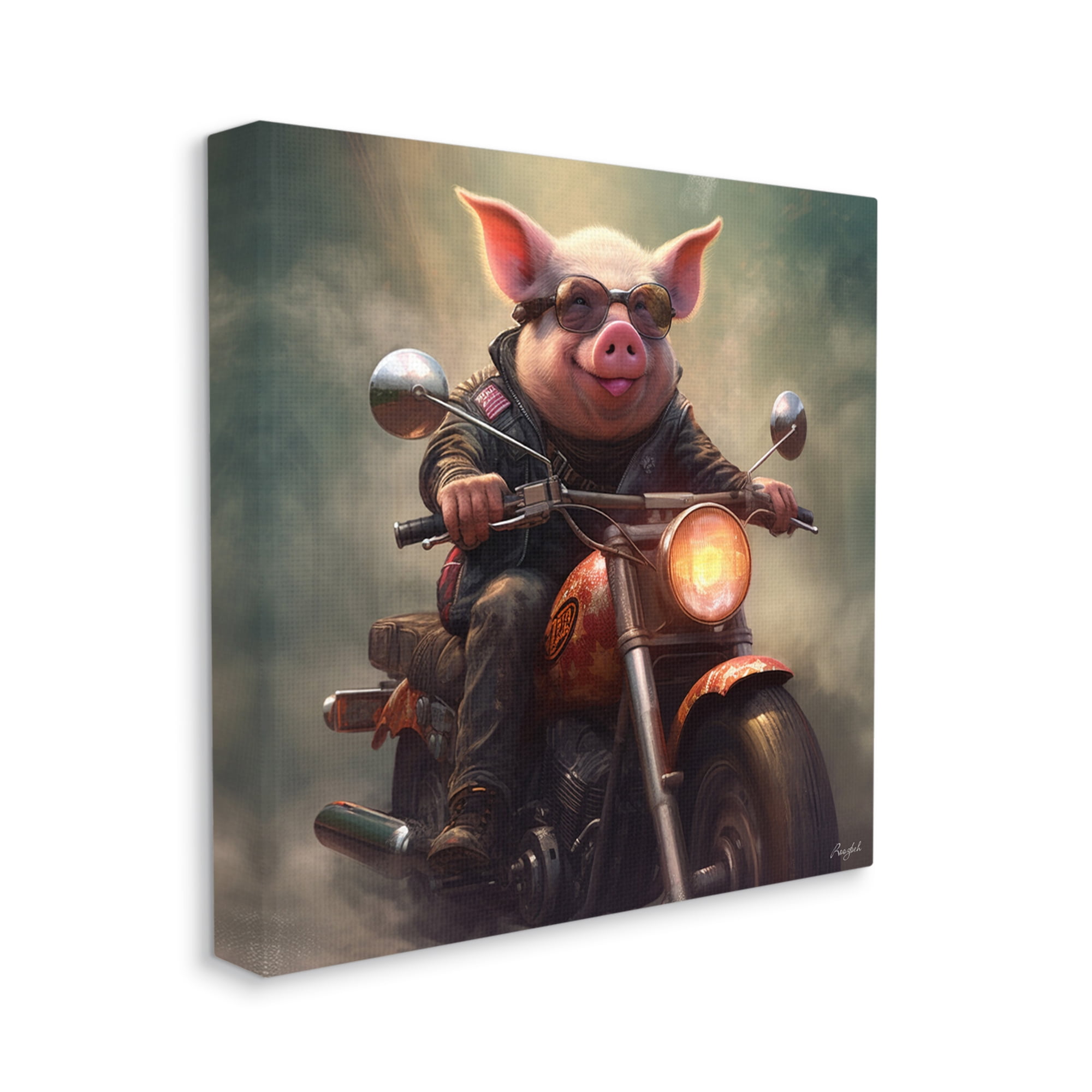 Stupell Industries Biker Pig on Motorcycle Animals & Insects Painting Gallery Wrapped Canvas Art Print Wall Art, 17 x 17
