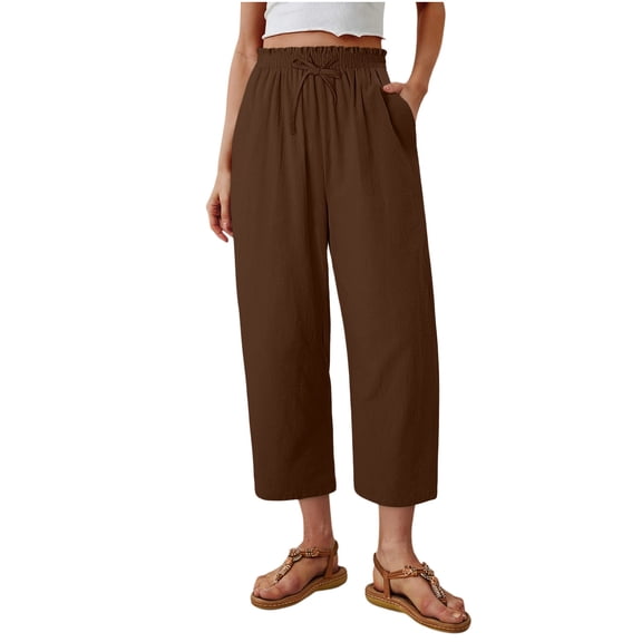 cocolona Womens Summer Casual Capri Linen Pants Elastic Waist Drawstring Wide Leg Cropped Beach Lounge Pants with Pockets