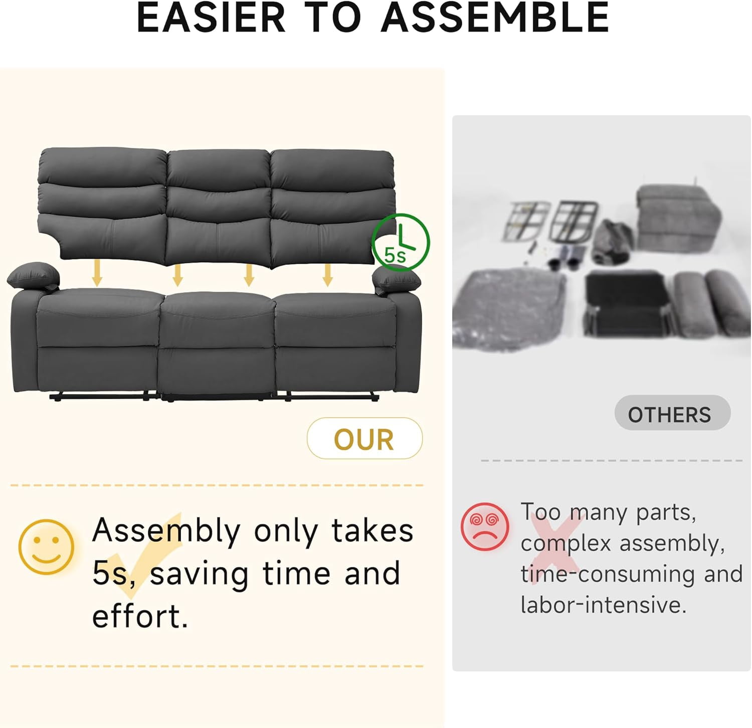 Chizzysit Loveseat Recliner Sofa Set, Small Leather Couch 3-Seater Manual Seater Recliner, Triple Recliner Chair for Living Room, RV, Home Theater Seating - Drak Gray