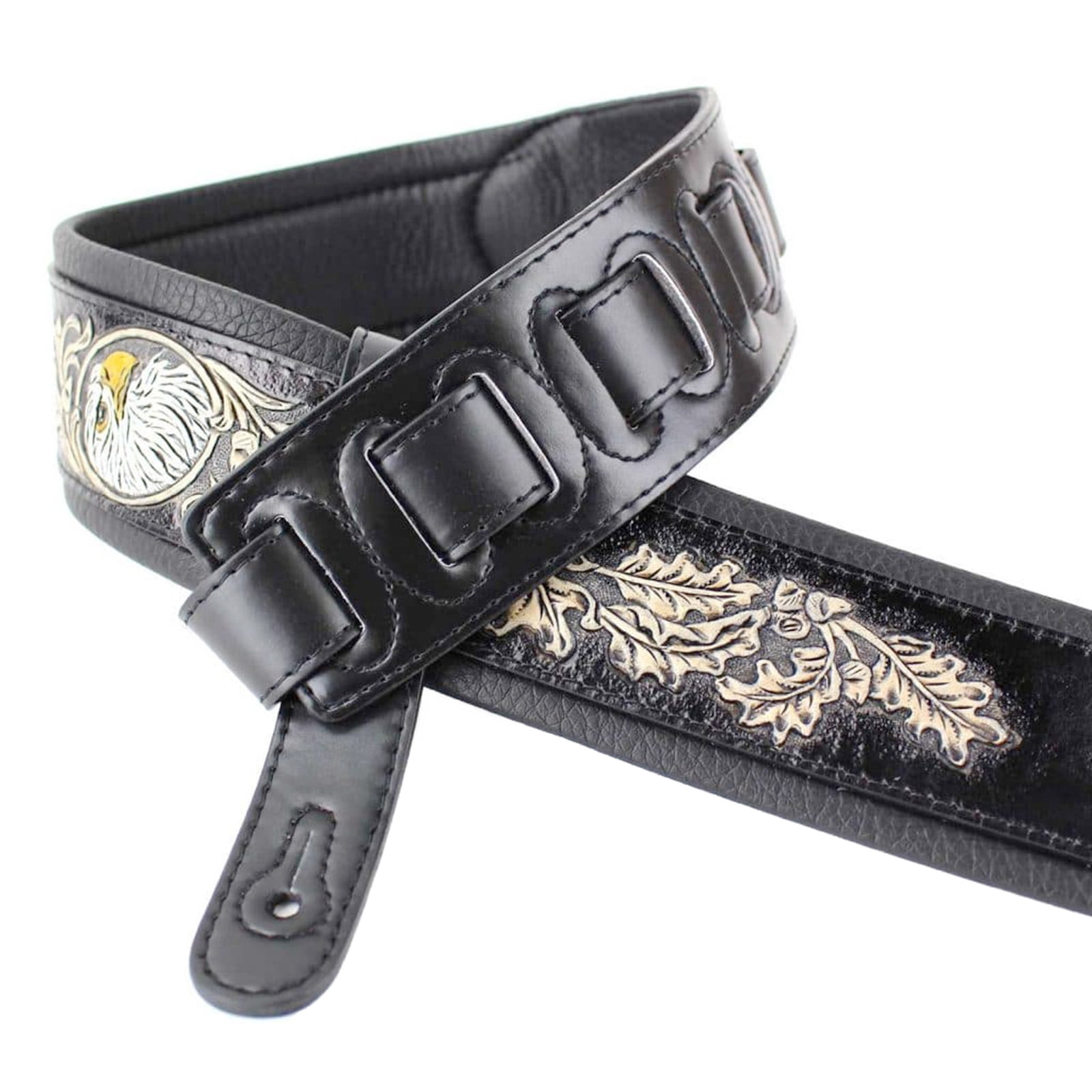 Walker & Williams KB-03-BLK Soft Matte Black Full Grain Center Block Carving Leather Padded Guitar Strap With American Eagle & Oak Leaves