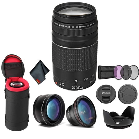 Canon EF 75-300mm f/4-5.6 III Telephoto Zoom Lens 6473A003 Bundle with Tulip Lens Hood + Wide Angle Lens + Telephoto Len(International Model)