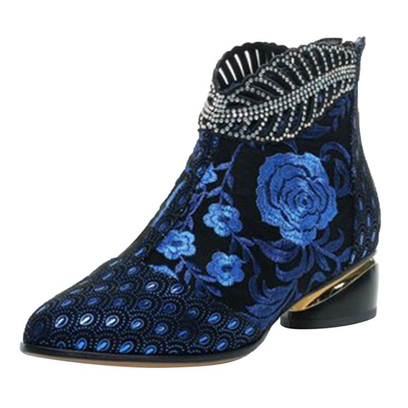 Women's Ankle Boots Pointed Retro for Women Womens Chunky Toe Embroidery High Heel Woman Women Zipper Stylish Footwear for Women's Womens Boot Ladies Heeled for Women Tan