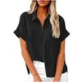 thumbnail image 2 of Sevevn Women's Lapel Short Sleeve Loose Zipper Cotton And Linen Tunic Summer Work Clothes Shirt Blouse Sales Online Black XXL, 2 of 6