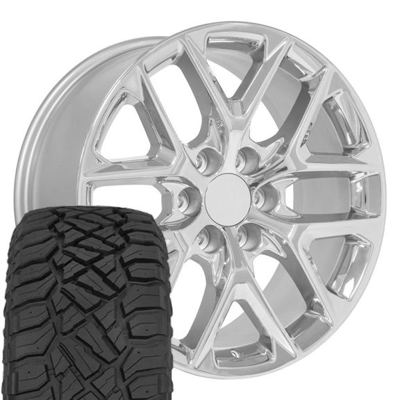 OE Wheels CV62 20 Inch Rims and Tires Fit Silverado 1500 Style 6x139.7 20x9 Chrome - Hollander 14078 - TerraMax RT 275/55-20 (Set of 4)