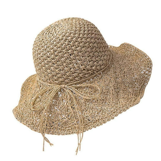 Women's Handmade Straw Hat Summer Wide Brim Beach Sun Cap Foldable Large Floppy Braided Sun Hat for Travel