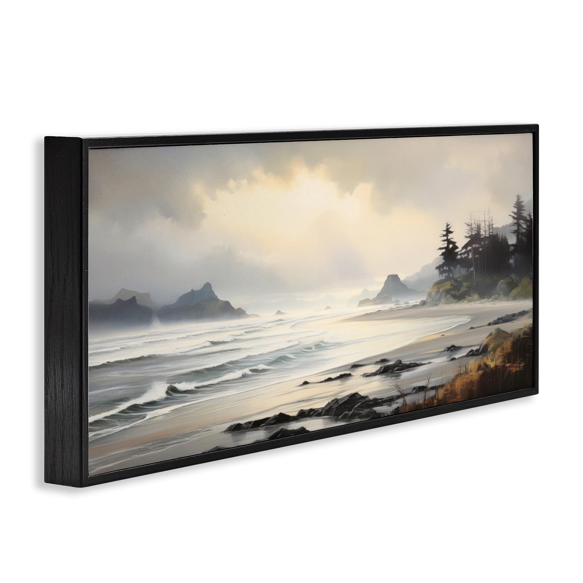 Stupell Industries Coastal Shore Inlet Coastal Painting Black Framed Art Print Wall Art, 24 x 10