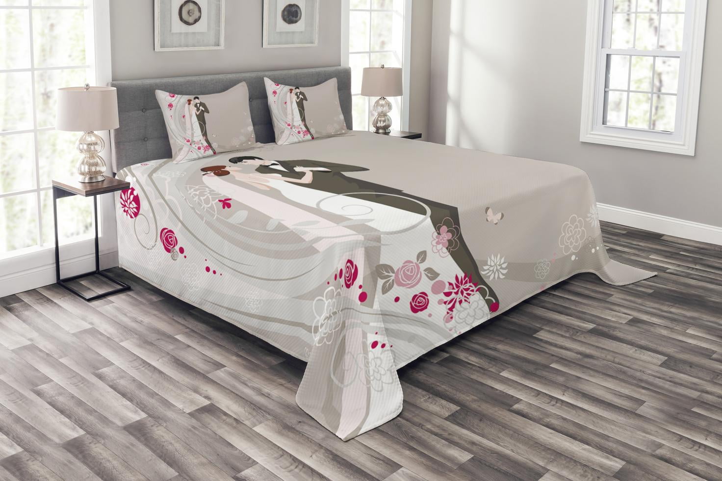 Wedding Bedspread Set King Size, Abstract Wedding Ceremony Floral