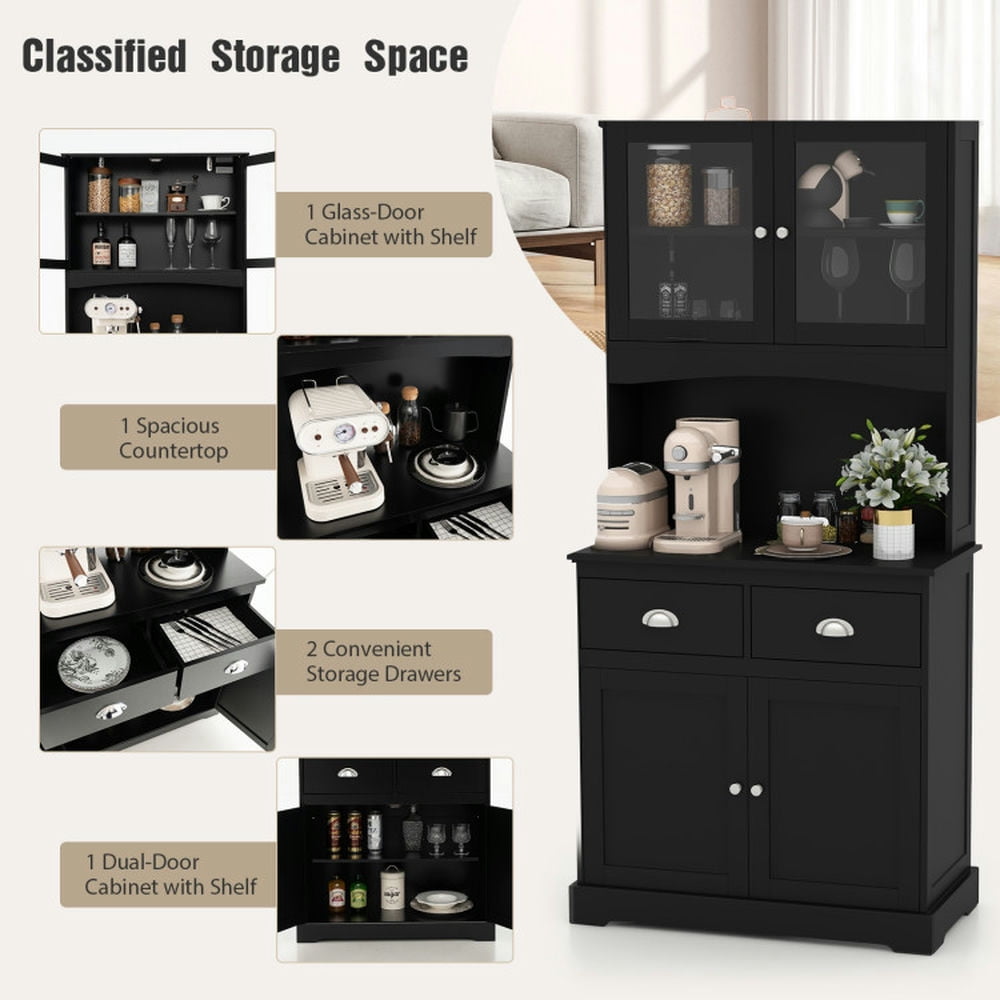 Finihen Kitchen Storage Cabinet, Buffet Sideboard, Tall Sideboard with 2 Drawers and Adjustable Shelves, for Dining Room, Kitchen, Living Room, Black Finihen Kitchen Storage Cabinet, Buffet Sideboard, Tall Sideboard with 2 Drawers and Adjustable Shelves, for Dining Room, Kitchen, Living Room, Black