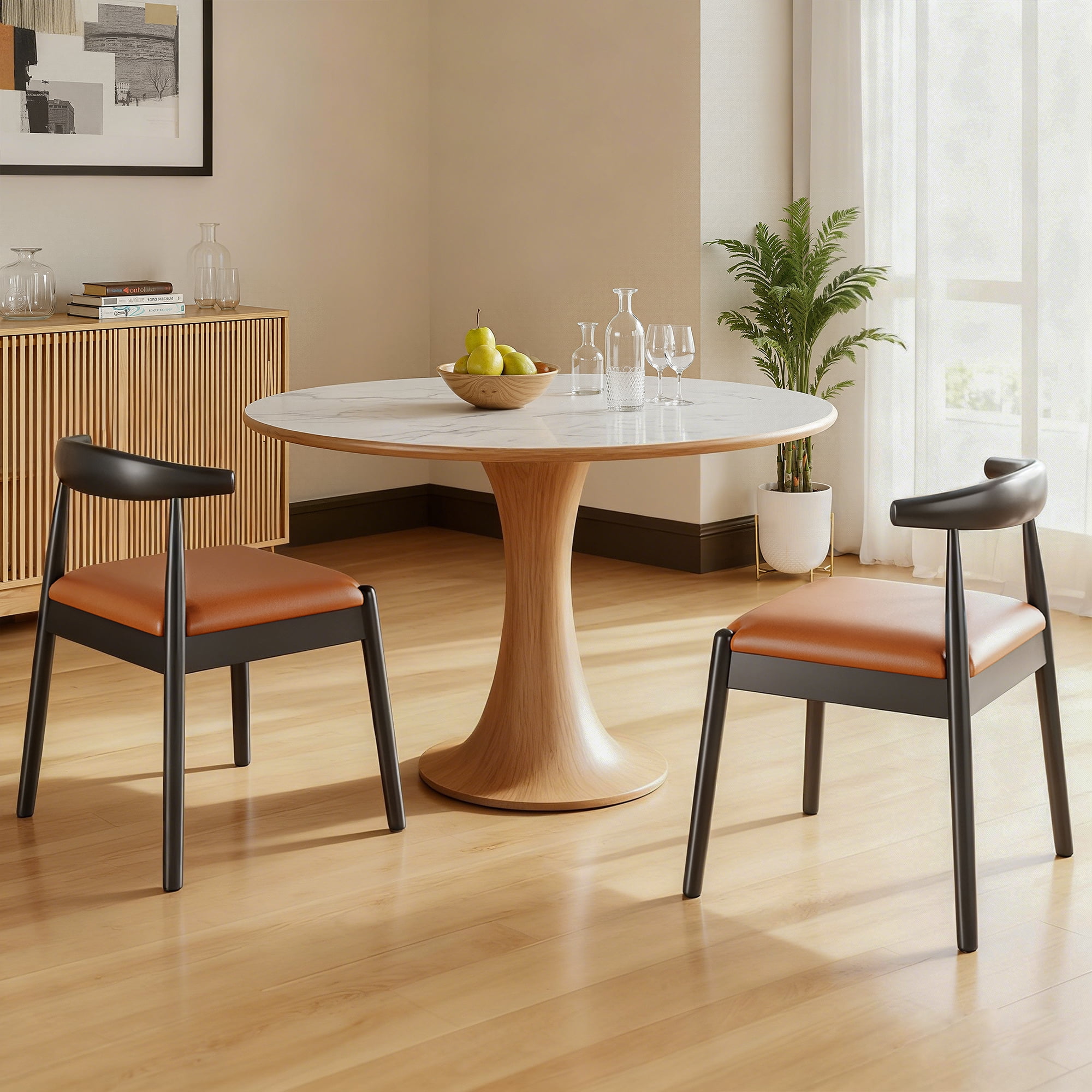 MAYEERTY Set of 2 Modern Dining Chairs, Solid Wood Legs & Woven Rope for Dining Room, Black-wiskey Brown