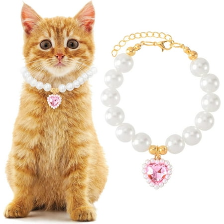 Cat Pearl Collar with Heart Pendant  Cute Pink Pearl Pet Necklace  Adjustable Wedding Party Pet Jewelry Accessories for Puppy Kitten- XS