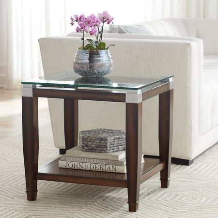 Elm Lane Barrett Modern Oak Wood Rectangular Accent Side End Table 24" x 22 1/4" with Open Shelf Brown Clear Glass Tabletop for Living Room Bedroom
