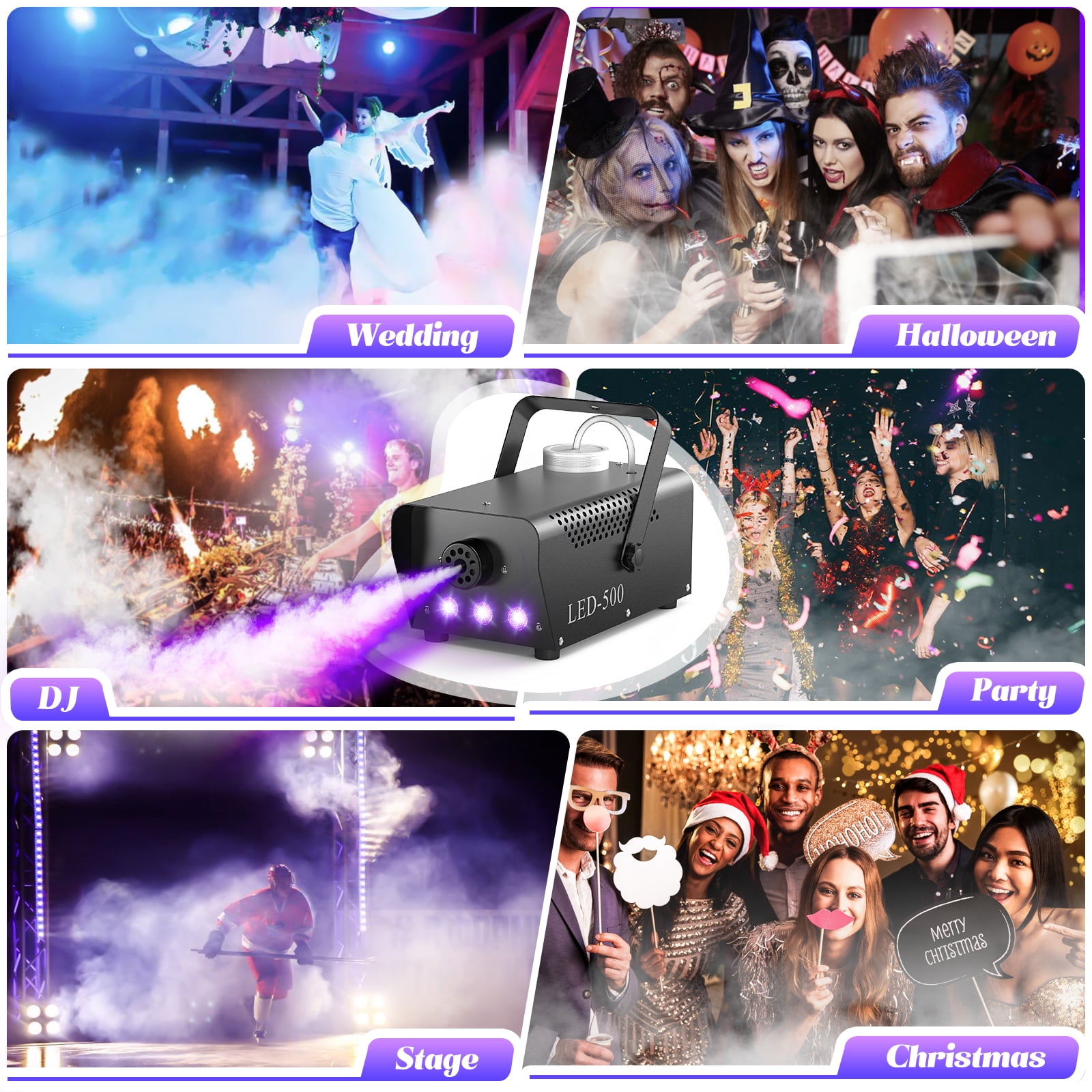 Fog Machine, 500W Fog Smoke Machine with 3 LED Lights for Wedding Halloween Christmas Party Stage Effect