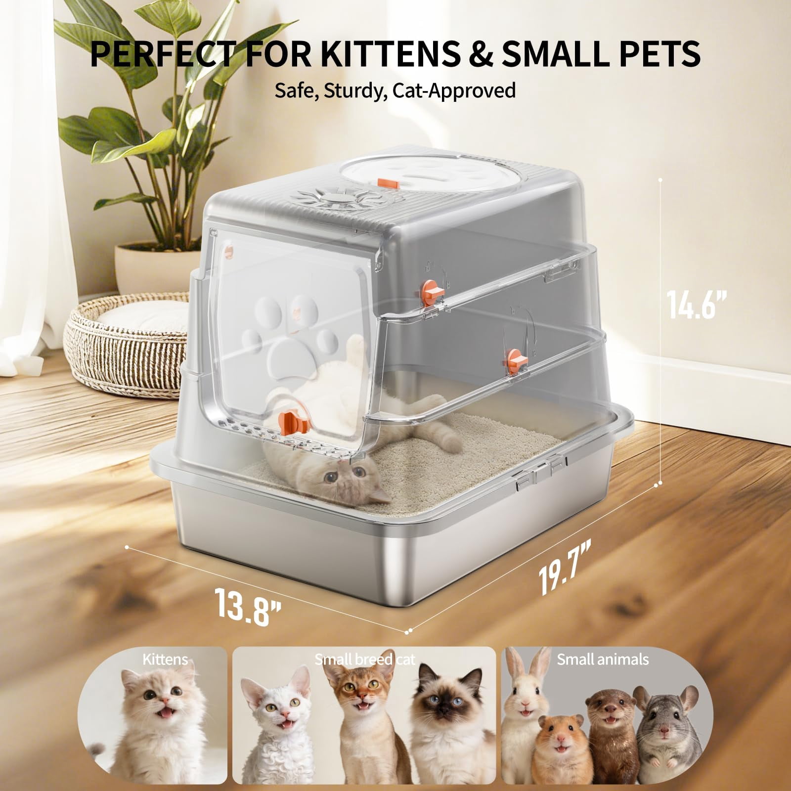 Stainless Steel Litter Box With Lid  Medium Enclosed Tray High Sided Grey