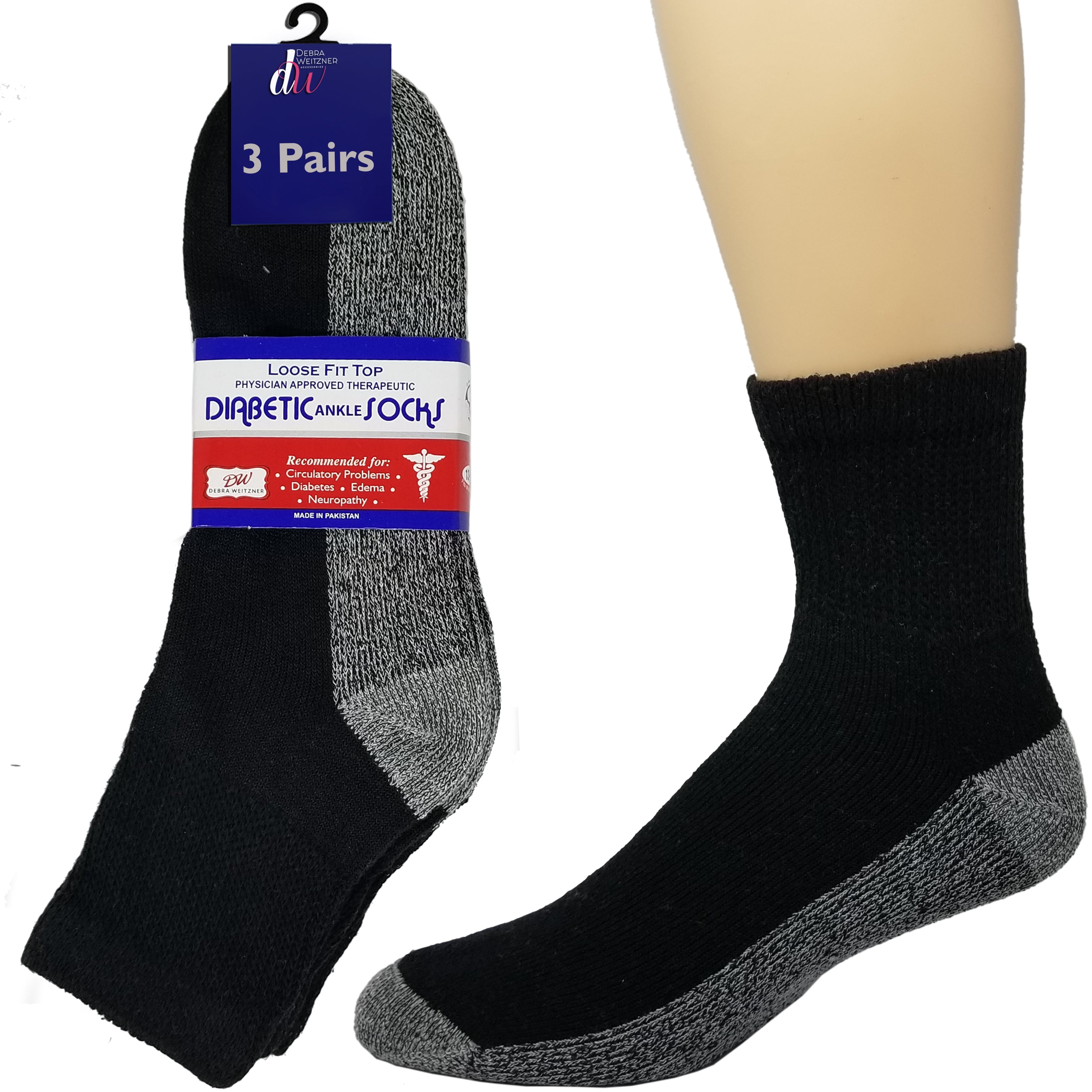 Debra Weitzner Loose Non-Binding Fit Sock - Diabetic Non-Slip Socks for Men  and Women - Ankle 3Pk Black