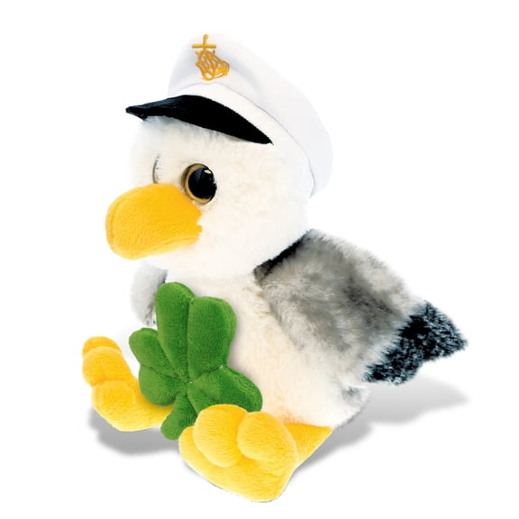 DolliBu Big Eyes Seagull Stuffed Animal with Green Plush Shamrock, Cute Green Shamrock Plush, Fun St Patricks Day Stuffed Animal Seagull, Good Luck St Patricks Day Toys for Kids, Baby - 7.5 Inches