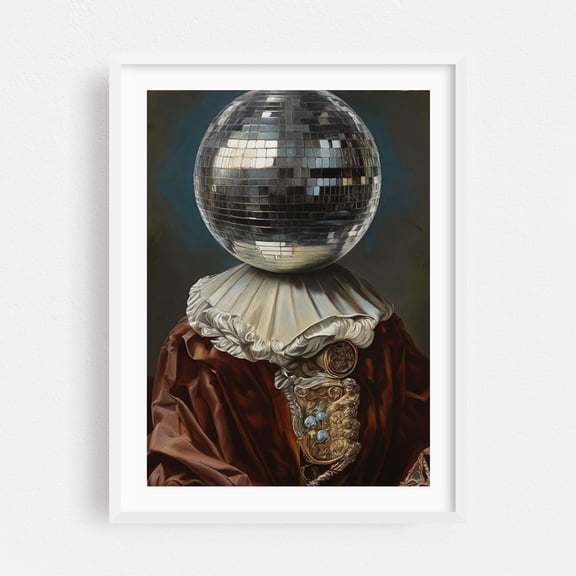 Antique Disco Ball, A Man with Disco head - Photography Surrealism Modern Art Pop Art Retro Fashion Humor Whimsical White Framed Wall Art Print 12 x 18 inches