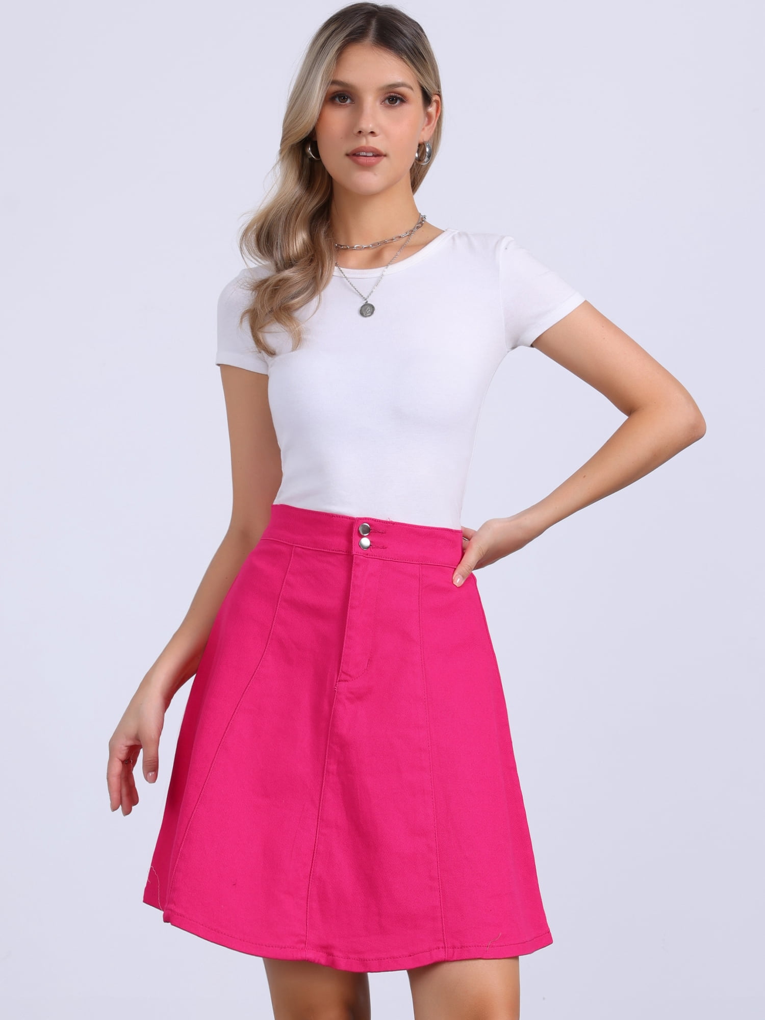 DARING DIVA Women's High Waist Stretch Knee Length Flared Jean Skirts M Hot Pink