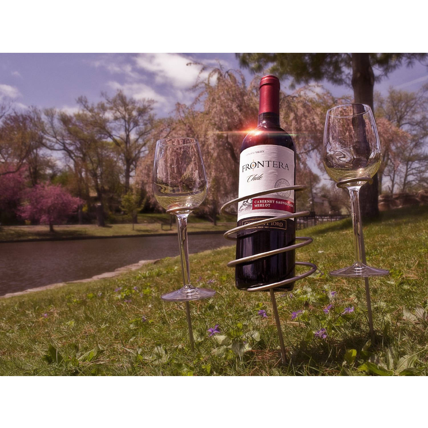Sorbus Wine Stakes Set, Wine Sticks Holds Bottle and 2 Glasses Preventing Them from Spilling or Breaking, Great for Outdoor Drinking By Picnic, Camping or Party - image 2 of 3