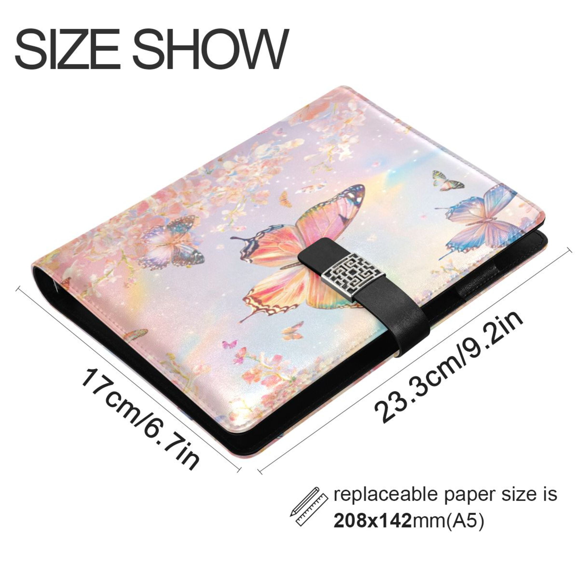 Leather Planner Leather Notebook Notebook Journal Binder Design Pen Pocket Design Convenient for Storage Light Pink Flower Butterfly