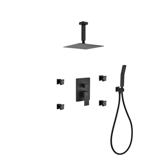 Aqua Piazza Black Shower Set w/ 8" Ceiling Mount Square Rain Shower, Handheld and 4 Body Jets