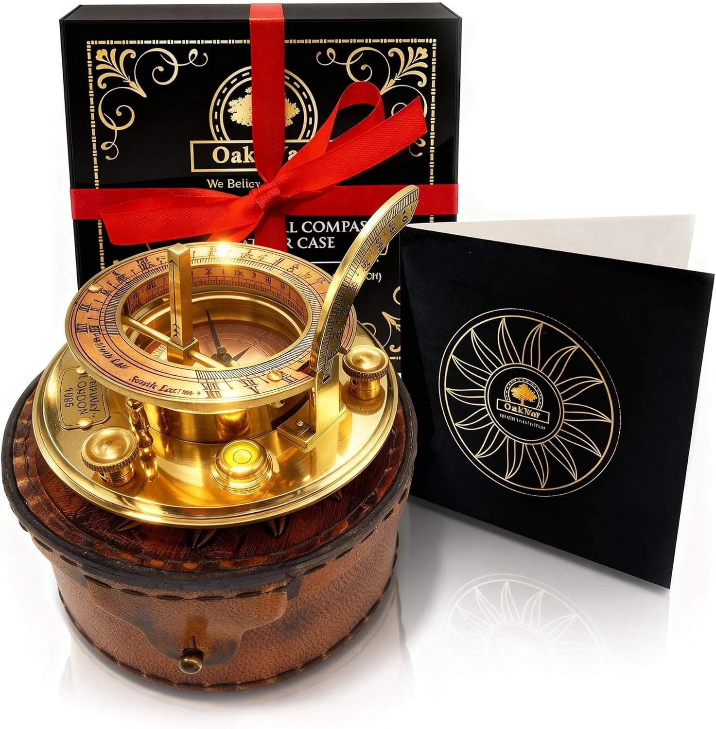 OakiWay Brass Sundial Compass with Leather Case - Vintage Nautical Pocket Watch Clock Design, Antique Maritime Decor & Gift for Men, Sailors, Engineers, and Collectors - (4.1" inch)