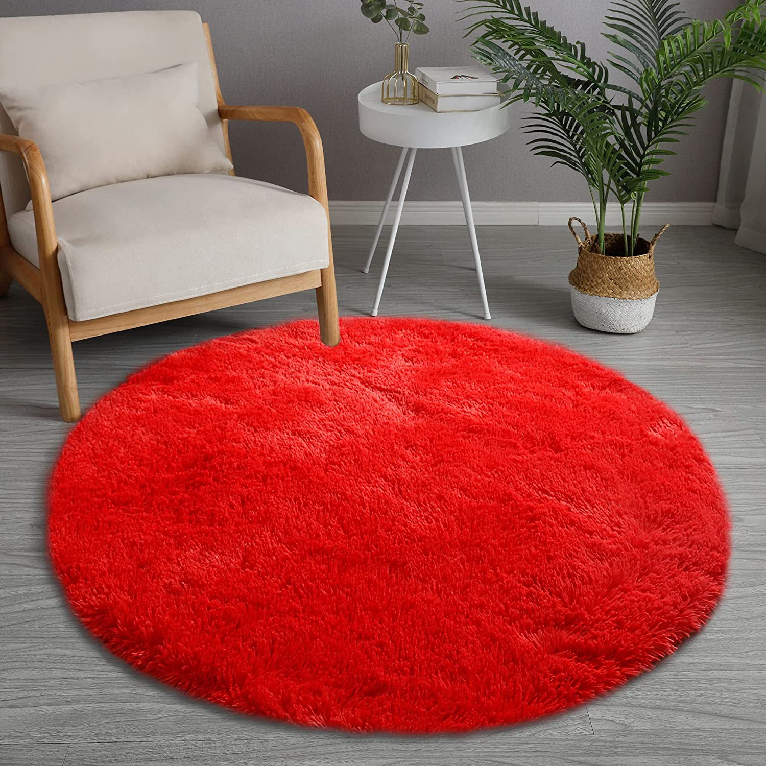 Ultra Soft Area Rug Fluffy 5, Round Red Area Rugs