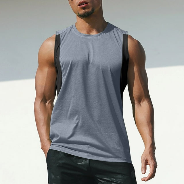 pstuiky Camiseta sin mangas para hombre, Chaleco holgado de cuello redondo para hombre, informal, para correr, hacer ejercicio y fitness Camisas de hombre xl