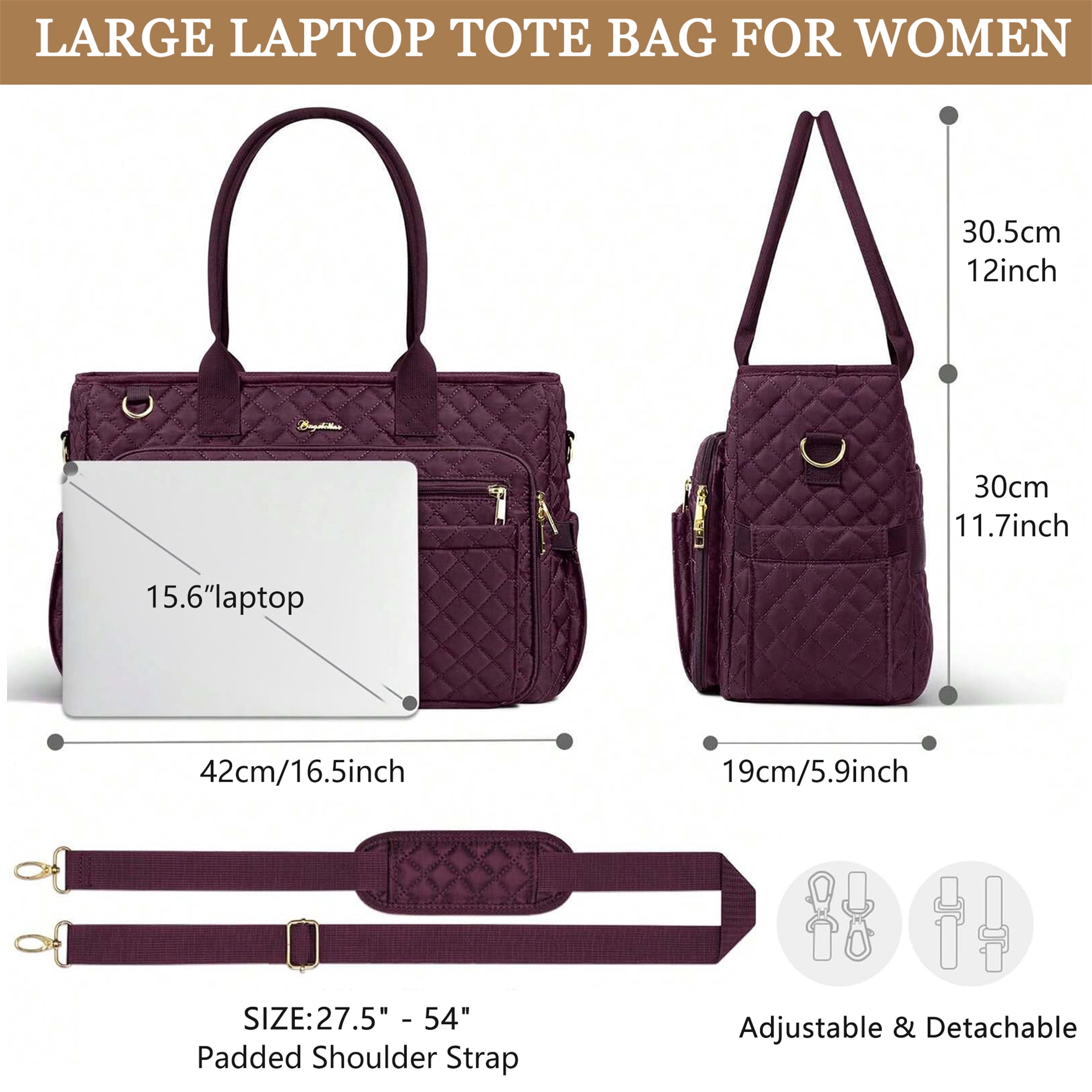 Teacher Tote Bag 15.6 inch Laptop Bag for Women, Work Bags Nurse Bible Bag Quilted Lightweight Laptop Tote Computer Briefcase for School Travel Office College, Burgundy