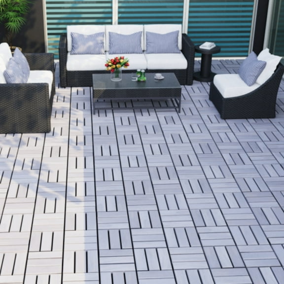 30 PCS Interlocking Deck Tiles Checker Pattern 12" X 12" Square Light Gray Acacia Hardwood Outdoor Flooring For Patio Bancony Pool Side
