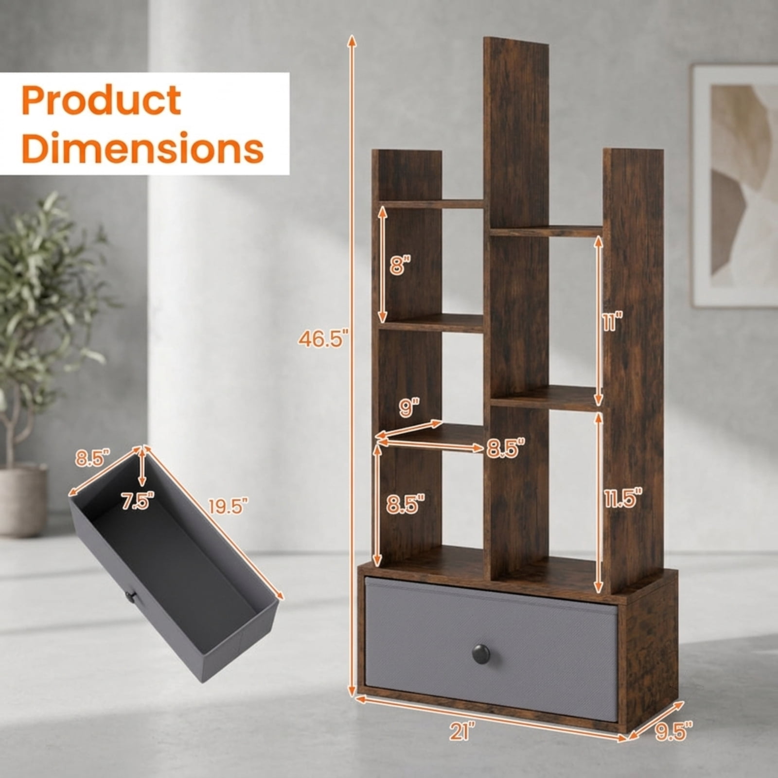 Furnibear 7-Tier Open-Back Tall Bookshelf with Fabric Drawer and Anti-Toppling Kits Freestanding Wood Storage for Home Office, Rustic Brown