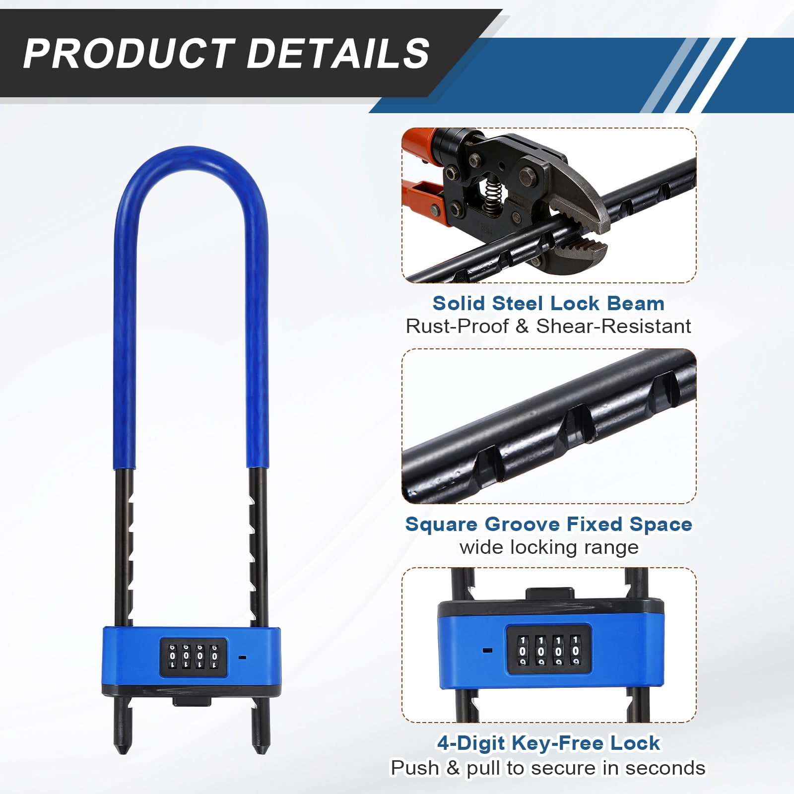 Uxcell 4 Digit Combination Padlock, Long Shackle Padlock - [8.46" - 12.8", Blue], U-Shape Adjustable Shackle Lock for Bicycles Electric Bikes Mountain Bikes Glass Doors Gates