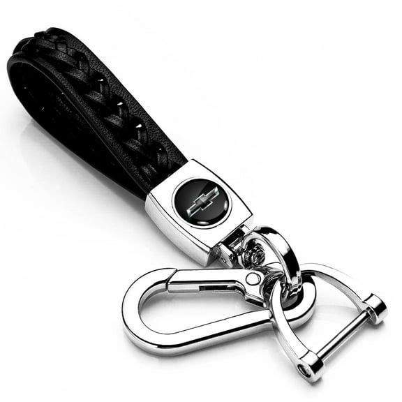 iPick Image for Chevrolet Black Logo Braided Rope Style Genuine Black Leather Key Chain, Official Licensed